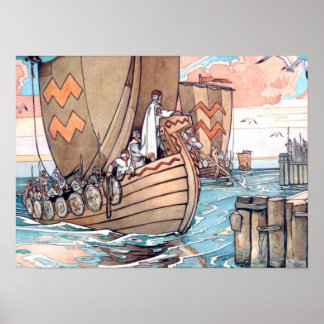 Poster Bateau viking estonien au port, aquarelle