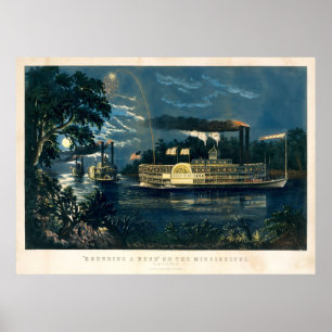 Poster Bateaux à vapeur Currier vintage & Ives au clair d