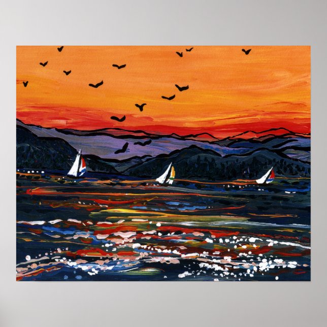 Poster Bateaux à voile au coucher du soleil (Devant)