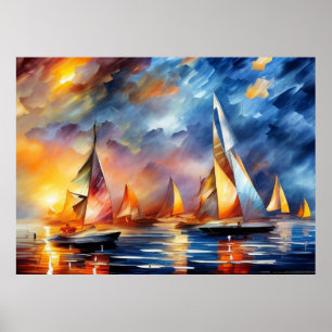 Poster Bateaux à voile course abstrait bleu or rouge