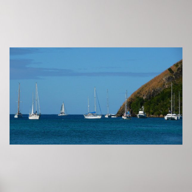 Poster Bateaux à voile dans la baie Blancs et Bleus Nauti (Devant)