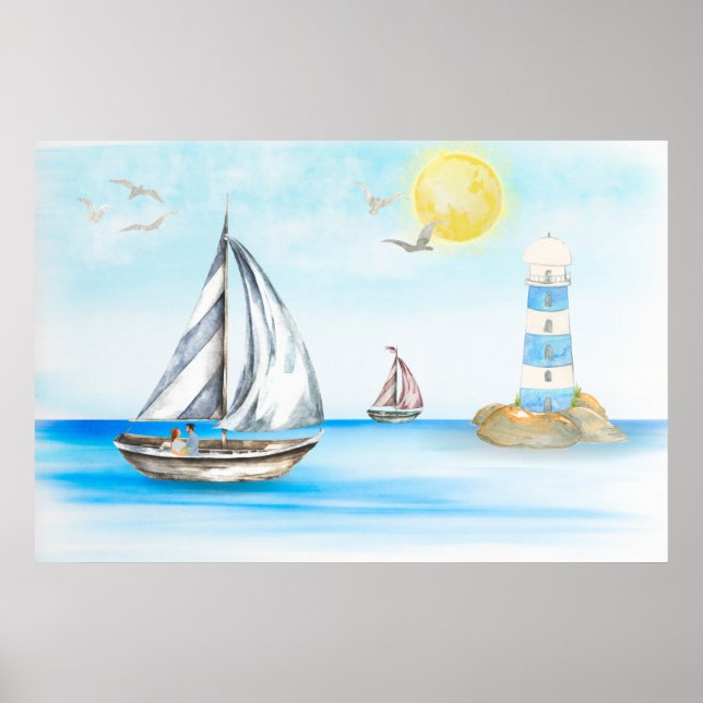 Poster Bateaux à voile dans l'océan bleu (Devant)
