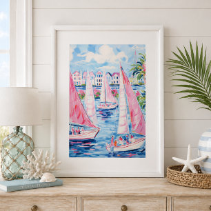 Poster Bateaux à voile roses aquarelle mur côtier tropica