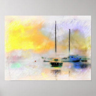 Poster bateaux au coucher du soleil