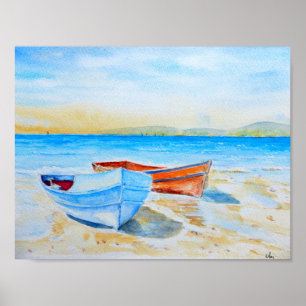 Poster Bateaux de plage de peinture d'aquarelle