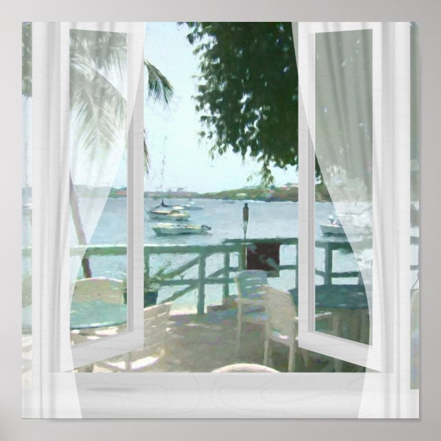 Poster Bateaux pittoresques Tropical Water Boats Palm Tre (Devant)