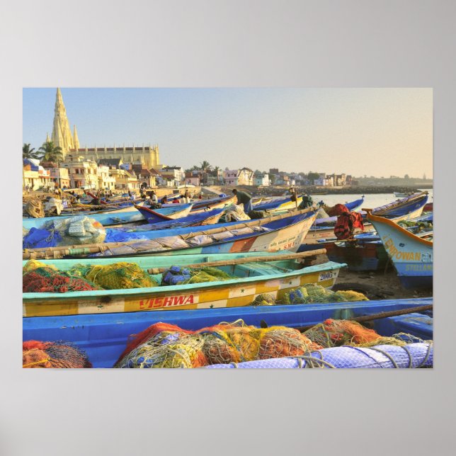 Poster Bateaux préparés pour la pêche, L'église de (Devant)