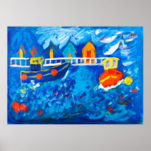 Poster Bateaux remorqueurs en mer peinture acrylique par