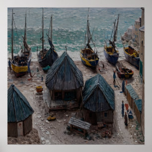 Poster Bateaux sur la plage à Étretat