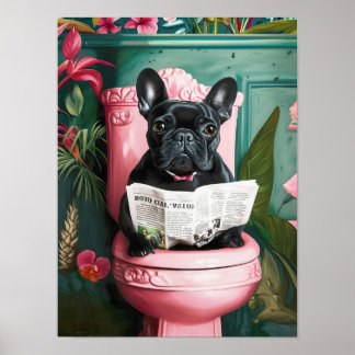 Poster Bathroom Black French Bulldog Reading on Toilet Pr