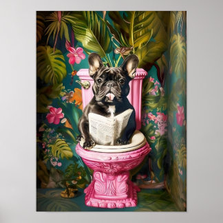 Poster Bathroom Black French Bulldog Reading on Toilet Pr