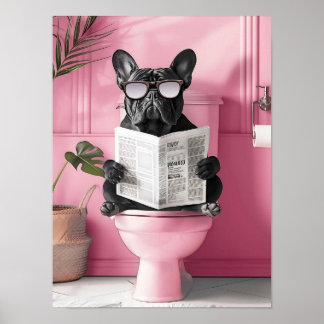 Poster Bathroom Blue French Bulldog on Toilet Print, Funn