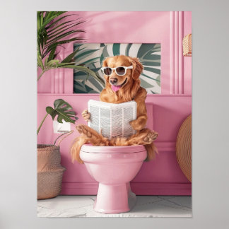 Poster Bathroom Golden Retriever Reading on Toilet Print,