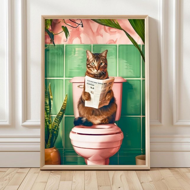 Poster Bathroom Tabby Cat Art Print, Kitten Poster, Cute  (Créateur téléchargé)