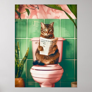 Poster Bathroom Tabby Cat Art Print, Kitten Poster, Cute 