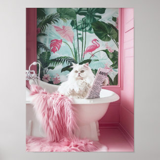 Poster Bathroom White Cat in Bathtub Print, Funny Poster,
