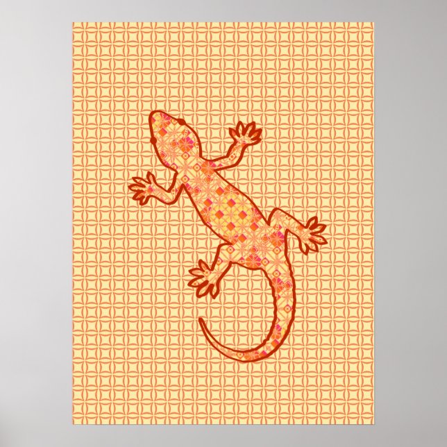 Poster Batik tribal Gecko - corail et orange clair (Devant)