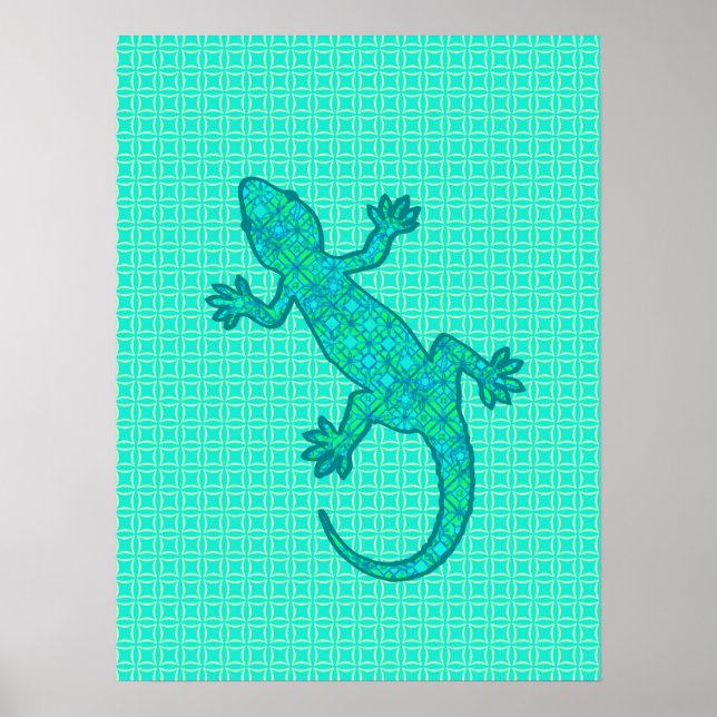 Poster Batik tribal Gecko - turquoise / paon (Devant)