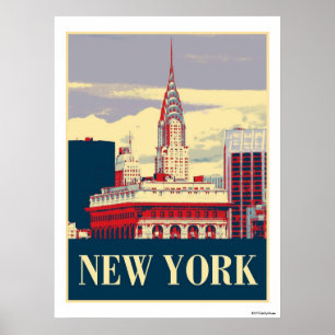 Poster Bâtiment Chrysler en bleu blanc rouge