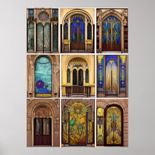Poster Bâtiment en verre verni Art nouveau Porte de rue (Devant)