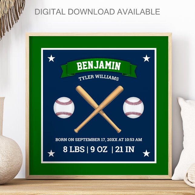 Poster Bâtons de baseball verts et bleus et statistiques  (Créateur téléchargé)