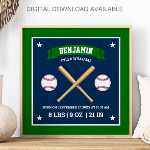 Poster Bâtons et balles de baseball verts et bleus Statis