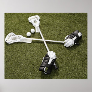 Poster Bâtons, gants et boules de lacrosse sur artificiel