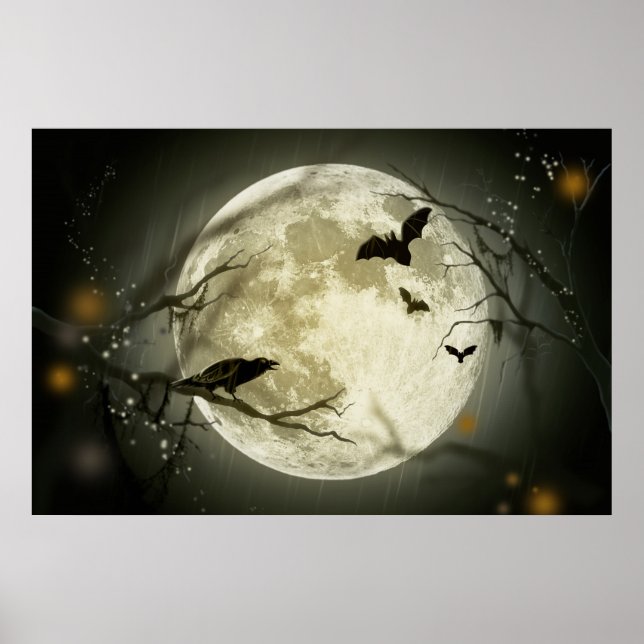 Poster Bats fly Crow se trouve devant la Pleine lune d'Ha (Devant)