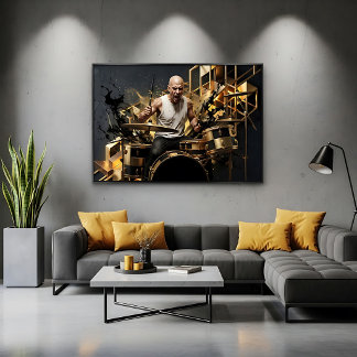 Poster Batteur de Rock Intense Design Musical Or et Noir