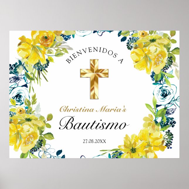Poster Bautismo de Niña Bonita Cruz Floral Amarillo (Devant)