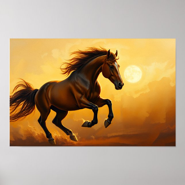 Poster Bay Horse Gallops, Sunset Sky, Flowing Mane (Devant)
