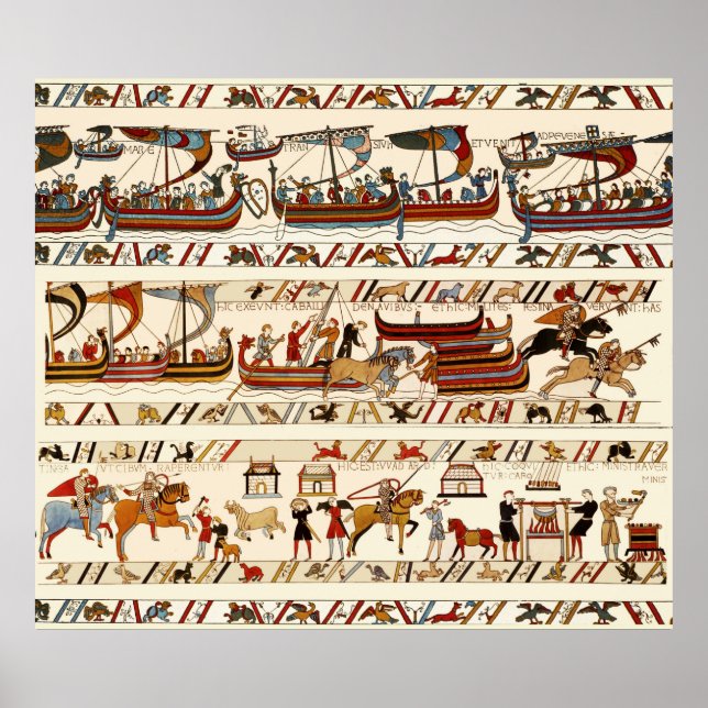 POSTER BAYEUX TAPESTRY 1066, CHEVALIERS NORMAUX, NAVIRES  (Devant)