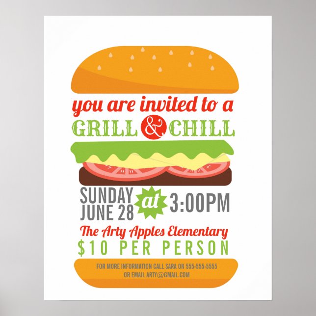 Poster BBQ chill grill collecte de fonds école PTO PTA ca (Devant)