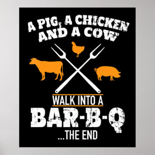 Poster BBQ   Un Cochon Un Poulet Et Une Vache Un BBQ Drôl