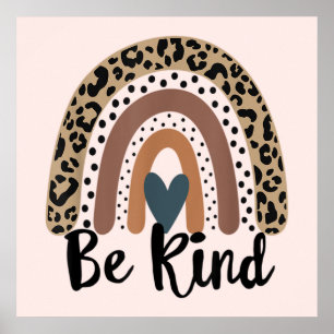 Poster Be Kind Leopard Rainbow Boho inspiré rose