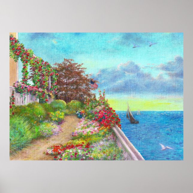 Poster Beach House Garden avec voilier (Devant)