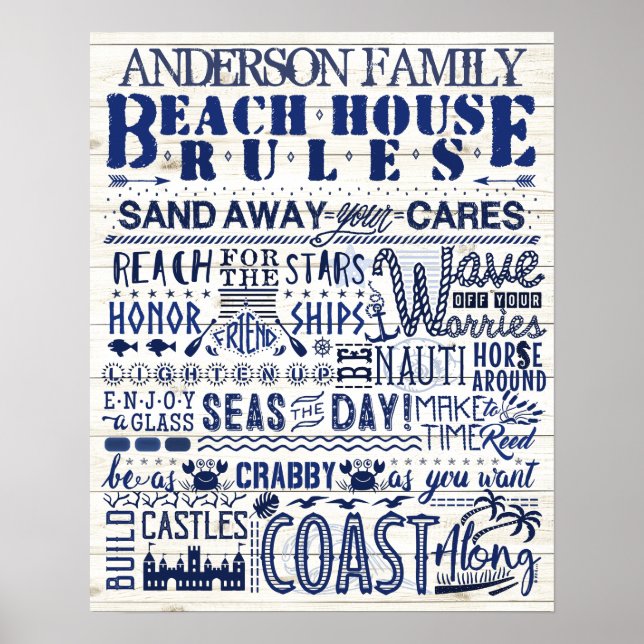 Poster Beach House Rules Blue Coastal Famille personnalis (Devant)
