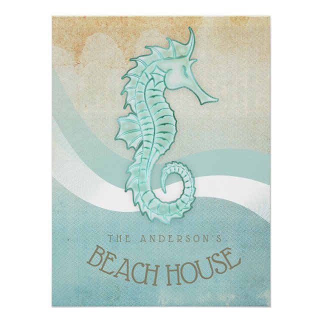 Poster Beach House Seahorse Aqua Blue ID623 (Devant)