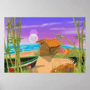 Poster "Beach Hut on moonlit beach" "beach hut" "dessin a