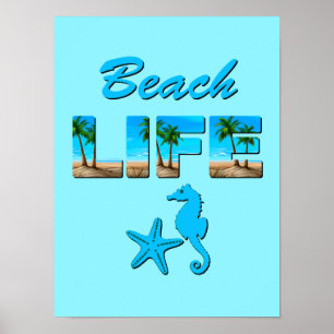 Poster Beach Life Word Art avec sable et palmiers