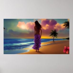 Poster Beach moonlight stroll woman blue sea purple palms