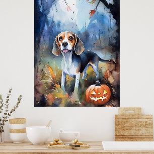 Poster Beagle d'Halloween avec citrouilles effrayant