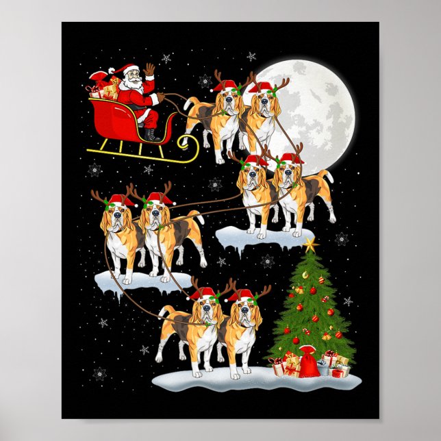 Poster Beagle Dog Santa Sleigh Flying Funny Magical Chris (Devant)