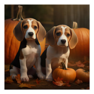 Poster Beagle Puppy Automne Citrouille de plaisir