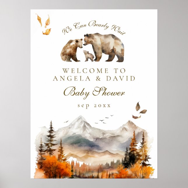Poster Bear Adventure Fall Mountain Neutral Baby shower (Devant)