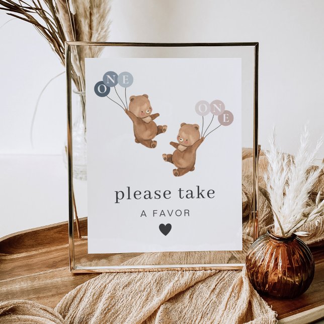Poster Bear Boy Girl Twins - 1er Anniversaire - Symbole d (Zazzle Bear Boy Girl Twins - 1st Birthday - Favor Sign)