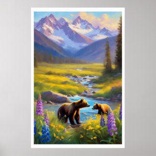 Poster Bear Cub Snow Mountain Meadow Fleurs sauvages pein