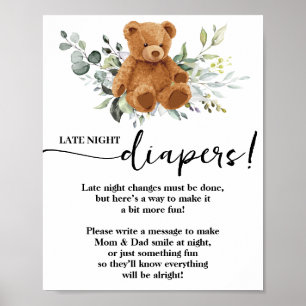 Poster Bear Greenery Late Night Diapers Baby shower Jeu
