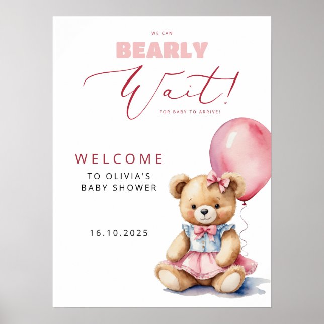 Poster Bear Pink Balloon Girl Baby shower Bienvenue (Devant)