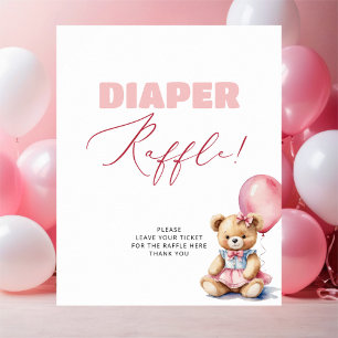 Poster Bear Pink Balloon Girl Baby shower Déchets Raffle